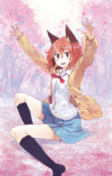 Rule 34 | 1girl, animal ears, arms up, blush, brown hair, cat ears, hrd, open mouth, red eyes, school uniform, short hair, sitting, skirt, smile, solo, sweater