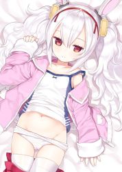 Rule 34 | 1girl, animal ears, azur lane, bed sheet, blush, cameltoe, camisole, capriccio, clothes pull, collarbone, fake animal ears, flat chest, from above, groin, hair between eyes, hairband, hand up, headgear, jacket, jitome, laffey (azur lane), long hair, long sleeves, looking at viewer, lying, navel, on back, on bed, open clothes, open jacket, panties, panty pull, parted lips, pink jacket, pocket, rabbit ears, red eyes, red hairband, red skirt, skirt, skirt pull, sleeves past wrists, solo, strap slip, thigh gap, thighhighs, twintails, underwear, unzipped, white panties, white thighhighs, zipper