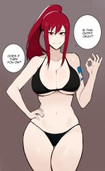 Rule 34 | 1girl, arm tattoo, bikini, black bikini, breasts, brown background, brown eyes, cleavage, closed mouth, collarbone, cowboy shot, english text, erza scarlet, fairy tail, hand on own hip, hand up, high ponytail, kisou (kisou00), large breasts, looking at viewer, navel, ok sign, paid reward available, red hair, sidelocks, solo, speech bubble, stomach, swimsuit, tattoo, thighs