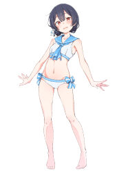Rule 34 | 1girl, alternate costume, bare legs, barefoot, blue hair, blush, breasts, dark blue hair, eitopondo, full body, hair bun, head tilt, highres, idolmaster, idolmaster shiny colors, looking at viewer, morino rinze, navel, outstretched arms, red eyes, sailor bikini, sailor collar, sailor swimsuit (idolmaster), single side bun, small breasts, smile, solo, stomach, toes