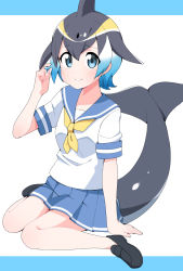 Rule 34 | 1girl, alternate costume, bad id, bad pixiv id, black footwear, blonde hair, blouse, blue eyes, blue hair, blue skirt, cetacean tail, common dolphin (kemono friends), fins, fish tail, grey hair, hand in own hair, highres, kemono friends, letterboxed, loafers, looking at viewer, miniskirt, multicolored hair, neckerchief, no socks, pleated skirt, school uniform, serafuku, shirt, shoes, short hair, short sleeves, single horizontal stripe, sitting, skirt, smile, solo, tail, fish tail, takom, wariza, white background, white shirt, yellow neckerchief
