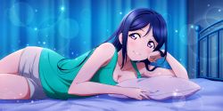Rule 34 | 1girl, absurdres, alternate hairstyle, artist name, artist request, bare legs, bare shoulders, bed, bleu reve (love live!), blue curtains, blue hair, blush, breasts, cleavage, collarbone, female focus, green shirt, hair between eyes, highres, indoors, long hair, looking at viewer, love live!, love live! school idol festival, love live! school idol festival all stars, love live! sunshine!!, matsuura kanan, medium breasts, on bed, parted lips, pillow, purple eyes, shirt, short shorts, shorts, sleeveless, sleeveless shirt, smile, solo, sparkle, teeth, white shorts