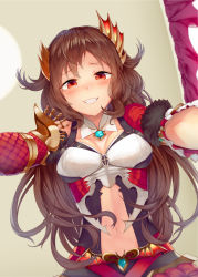 Rule 34 | 1girl, bedroom, blush, breasts, brooch, brown hair, cleavage, clothing cutout, curtains, frills, galmieux omen of disdain, gem, girl on top, hair ornament, highres, jewelry, long hair, looking at viewer, looking down, mole, mole under eye, navel, navel cutout, pov, red eyes, scales, shadowverse, shiny skin, small breasts, smile, teeth, yamato (muchuu paradigm)