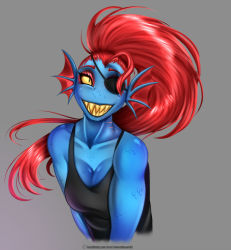 Rule 34 | 1girl, blue skin, breasts, colored sclera, colored skin, doom x wolf, eyepatch, female focus, fins, fish girl, head fins, large breasts, long hair, no nose, ponytail, red hair, scales, sharp teeth, solo, teeth, undertale, undyne, upper body, yellow sclera