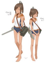 Rule 34 | 10s, 1girl, age progression, aged up, arms behind back, artist name, barefoot, blush, brown hair, character name, closed mouth, collarbone, dated, finger to mouth, full body, height difference, i-401 (kancolle), kantai collection, kawashina (momen silicon), looking at viewer, multiple views, one-piece swimsuit, own hands together, parted lips, ponytail, sailor collar, school swimsuit, shirt, signature, sketch, sleeveless, sleeveless shirt, smile, standing, swept bangs, swimsuit, swimsuit under clothes, tan, tanline