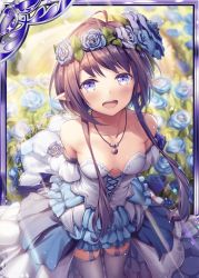 Rule 34 | 1girl, akkijin, armpits, bare shoulders, blue dress, blue flower, blue rose, breasts, card (medium), dress, elf, flower, garden, head wreath, jewelry, looking at viewer, looking up, medium breasts, necklace, official art, open mouth, pointy ears, purple eyes, purple hair, rose, rose bush, shinkai no valkyrie, short hair, thighhighs