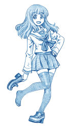Rule 34 | 10s, 1girl, bbb (friskuser), blue theme, blunt bangs, commentary request, girls und panzer, greyscale, hand on own hip, high heels, highres, holding, holding shoe, holding shoes, loafers, long hair, long sleeves, looking at viewer, monochrome, neckerchief, ooarai school uniform, open mouth, pleated skirt, school uniform, serafuku, unworn shoe, shoes, unworn shoes, sidelocks, single shoe, skirt, smile, solo, takebe saori, thighhighs, white background, zettai ryouiki