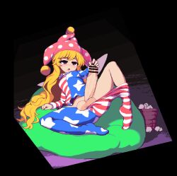 Rule 34 | 1girl, american flag legwear, american flag shirt, animated, animated gif, arm support, bar censor, blonde hair, breasts, censored, clownpiece, covered erect nipples, erection, fairy wings, futanari, futanari masturbation, hat, huge penis, jaggy lines, jester cap, knee up, large penis, large testicles, long hair, long sleeves, looping animation, masturbation, namako daibakuhatsu, no shoes, open mouth, orange eyes, pantyhose, penis, pixel art, polka dot headwear, small breasts, solo, spread legs, testicles, thighs, touhou, used tissue, very long hair, wings