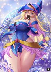 Rule 34 | 1girl, bare shoulders, blonde hair, blue headwear, blush stickers, breasts, card, cleavage, covering own mouth, curvy, dark magical circle, dark magician girl, duel monster, feet out of frame, green eyes, hat, highleg, highleg leotard, highres, holding, holding card, large breasts, leotard, leotard under clothes, long hair, looking at viewer, looking down, pentacle, pentagram, shiny skin, standing, teng zhai zi, thick thighs, thigh gap, thighs, wand, wide hips, wizard hat, yu-gi-oh!, yu-gi-oh (card)