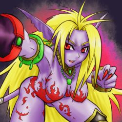 Rule 34 | 1girl, blonde hair, breasts, breath of fire, colored skin, furry, furry female, no panties, no pants, pointy ears, purple skin, rinpoo chuan, solo, tail