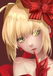 Rule 34 | 10s, 1girl, absurdres, ahoge, amagi jiang, bad id, bad pixiv id, bare shoulders, blonde hair, bow, collarbone, earrings, eyelashes, eyes visible through hair, fate/extra, fate (series), finger to mouth, gloves, green eyes, hair bow, hair intakes, head tilt, highres, jewelry, lips, looking to the side, nero claudius (fate), nero claudius (fate) (all), nero claudius (fate/extra), official alternate costume, portrait, red bow, red gloves, red lips, solo