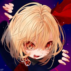 Rule 34 | 1girl, ascot, blonde hair, blood, blood on face, blood on hands, close-up, fang, gotou (nekocat), hair ribbon, licking lips, medium hair, red ascot, red eyes, red ribbon, ribbon, rumia, solo, tongue, tongue out, touhou, upper body