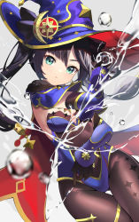 Rule 34 | 1girl, :o, absurdres, aqua eyes, black bodysuit, black gloves, black hair, blue cape, blue leotard, blue sleeves, blunt bangs, bodysuit, breasts, bubble, cape, cleavage, commentary, crescent, crescent hat ornament, detached sleeves, dot nose, genshin impact, gloves, gold trim, grey background, hair between eyes, hair ornament, hat, hat ornament, highres, leotard, long hair, long sleeves, looking at viewer, medium breasts, mona (genshin impact), open mouth, pantyhose, parted lips, purple hair, purple hat, purple sleeves, sidelocks, simple background, sleeves past wrists, small breasts, smile, solo, strapless, strapless leotard, twintails, two-sided cape, two-sided fabric, very long hair, water, water drop, witch hat, yuujin (yuzinn333)