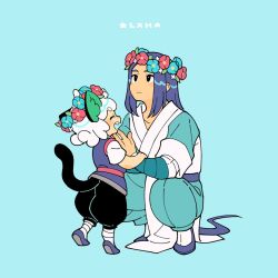 Rule 34 | 2boys, abyff14, animal ears, aqua background, aqua flower, black footwear, black hair, blush, cat boy, cat ears, cat tail, closed eyes, flower, long hair, luo xiaohei, luo xiaohei (human), luo xiaohei zhanji, multiple boys, no nose, open mouth, profile, red flower, shoes, short hair, short sleeves, simple background, smile, squatting, tail, very long hair, white hair, wuxian (the legend of luoxiaohei)