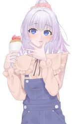 Rule 34 | 1girl, :q, absurdres, alternate hairstyle, assault lily, blue eyes, blue overalls, brown shirt, closed mouth, commentary request, cream, cream on face, crepe, denim, finger to mouth, fingernails, food, food on face, frilled shirt, frilled sleeves, frills, hair ornament, hair scrunchie, hands up, high ponytail, highres, holding, holding food, long sleeves, looking at viewer, medium hair, overalls, pink hair, pink scrunchie, pocket, ponytail, saetusum, scrunchie, shirt, simple background, solo, standing, tanba akari, tongue, tongue out, white background
