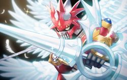 Rule 34 | brown background, digimon, digimon (creature), digital hazard, dukemon, dukemon crimson mode, falling feathers, feathers, gradient background, helmet, highres, knight, lance, polearm, simple background, solo, weapon, white feathers, wings, yellow eyes