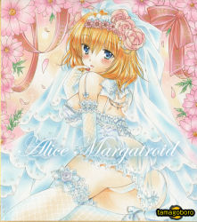 Rule 34 | 1girl, alice margatroid, artist name, ass, blonde hair, blue eyes, breasts, bridal veil, character name, corset, eating, flower, hair flower, hair ornament, large breasts, looking at viewer, looking back, open mouth, panties, petals, pink flower, pink rose, ribbon, rose, short hair, solo, tamagoboro, thighhighs, touhou, traditional media, underwear, veil, white panties, white thighhighs