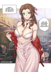 Rule 34 | 1girl, absurdres, aerith gainsborough, bare shoulders, bra, bracelet, braid, braided ponytail, breasts, brown hair, choker, closed mouth, dress, english text, final fantasy, final fantasy vii, green eyes, hair ribbon, highres, jacket, jewelry, looking at viewer, medium breasts, necklace, paid reward available, pink dress, pink ribbon, red jacket, redjet, ribbon, sidelocks, smile, speech bubble, strap slip, strip game, underwear, undressing, wavy hair, white bra