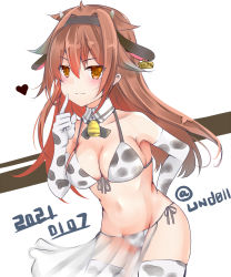 Rule 34 | 9610 (kuroto), animal print, bell, bikini, breasts, brown eyes, brown hair, cow print, cow print bikini, dated, detached collar, elbow gloves, front-tie bikini top, front-tie top, gloves, hair flaps, hairband, heart, highres, kantai collection, long hair, medium breasts, neck bell, print bikini, sarong, shiratsuyu (kancolle), side-tie bikini bottom, solo, swimsuit, thighhighs, twitter username