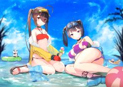 Rule 34 | 2girls, :o, ahoge, animal, ass, azur lane, ball, bare shoulders, beachball, bikini, black choker, black hair, blue jacket, blue sky, breasts, brown hair, candy, choker, closed mouth, cloud, collarbone, day, eyewear on head, food, from behind, full body, fur-trimmed jacket, fur trim, gloves, groin, hair rings, hairband, halterneck, highres, holding, holding food, ice cream, ice cream cone, innertube, isaka wasabi, jacket, legs, long hair, long sleeves, looking at viewer, lying, lying on water, medium breasts, multiple girls, ning hai (azur lane), ning hai (summer hunger) (azur lane), ocean, on side, open clothes, open jacket, open mouth, outdoors, panda, partially submerged, ping hai (azur lane), ping hai (summer vacation) (azur lane), purple bikini, purple eyes, purple gloves, red bikini, red eyes, red gloves, sandals, sitting, sky, small breasts, smile, sunglasses, swim ring, swimsuit, thighs, toes, triple scoop, twintails, very long hair, wariza, water, yellow jacket