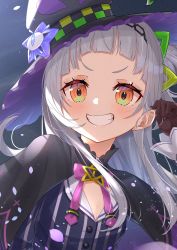 Rule 34 | 1girl, absurdres, black capelet, black hat, blush, bow, bowtie, brown eyes, brown gloves, capelet, gloves, grin, hand up, hat, highres, hololive, long hair, looking at viewer, murasaki shion, murasaki shion (1st costume), purple bow, purple bowtie, shima46, shirt, silver hair, smile, solo, striped clothes, striped shirt, tilted headwear, upper body, v-shaped eyebrows, vertical-striped clothes, vertical-striped shirt, virtual youtuber, witch hat
