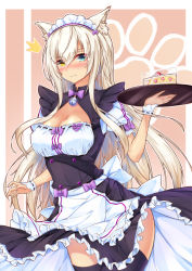 Rule 34 | 10s, 1girl, ^^^, animal ears, arm at side, bell, black thighhighs, blue eyes, blush, bow, bowtie, breasts, buttons, cake, cake slice, cat ears, cleavage, cleavage cutout, closed mouth, clothes lift, clothing cutout, coconut (nekopara), commentary request, copyright name, cowboy shot, embarrassed, food, frilled skirt, frills, hair between eyes, hair bow, hand up, heterochromia, holding, holding tray, jingle bell, large breasts, legs together, long hair, looking at viewer, maid, maid headdress, name tag, nekopara, nose blush, paw print, paw print background, platinum blonde hair, puffy short sleeves, puffy sleeves, purple bow, purple bowtie, ribbon-trimmed clothes, ribbon trim, short sleeves, skirt, skirt lift, slit pupils, solo, standing, strawberry shortcake, thighhighs, tray, very long hair, wrist cuffs, yellow eyes, yuxian youka