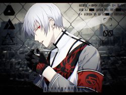 Rule 34 | 1boy, armband, bad id, bad pixiv id, black gloves, chain-link fence, cigarette, commentary, earrings, fence, from side, general (module), gloves, harudou (otiak), highres, holding, holding lighter, jewelry, kaito (vocaloid), lighter, logo, looking at viewer, male focus, project diva (series), red eyes, sideways glance, smoke, smoking, solo, unhappy refrain (vocaloid), uniform, upper body, vocaloid, white hair