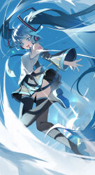 Rule 34 | 1girl, absurdres, bare shoulders, black skirt, black thighhighs, blue eyes, blue hair, blue necktie, blue sky, boots, breasts, commentary request, detached sleeves, from behind, full body, hatsune miku, headphones, highres, jiu ye sang, jumping, long hair, long sleeves, looking at viewer, looking back, necktie, number tattoo, open mouth, pleated skirt, shirt, skirt, sky, sleeveless, sleeveless shirt, small breasts, smile, solo, tattoo, thigh boots, thighhighs, twintails, upskirt, very long hair, vocaloid, white shirt, wide sleeves, zettai ryouiki