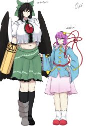 Rule 34 | 2girls, absurdres, ahoge, arm cannon, asymmetrical footwear, bird wings, black hair, black hairband, black wings, blue shirt, bow, breasts, full body, green bow, green skirt, hair bow, hairband, heart, height, highres, komeiji satori, large breasts, long sleeves, looking at viewer, mismatched footwear, multiple girls, omikami, pink skirt, red footwear, reiuji utsuho, shirt, short sleeves, signature, simple background, skirt, socks, standing, stomach, tall female, third eye, touhou, weapon, white background, white shirt, white socks, wings