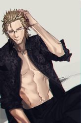 Rule 34 | 1boy, animal print, brown hair, final fantasy, final fantasy xv, glasses, hair slicked back, hand in own hair, ignis scientia, leopard print, mad369, male focus, muscular, open clothes, open shirt, solo