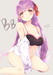 Rule 34 | 10s, 1girl, bare shoulders, bb (fate), bb (fate/extra), between legs, black bra, blush, bow, bow bra, bra, breasts, character name, chita (ketchup), cleavage, collarbone, commentary request, fate/extra, fate/extra ccc, fate (series), grey background, hair ribbon, hand between legs, large breasts, long hair, looking at viewer, navel, off shoulder, open clothes, open shirt, purple hair, red ribbon, ribbon, shirt, simple background, sitting, smile, solo, stomach, twitter username, underwear, very long hair, white shirt, yellow eyes