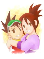 Rule 34 | 00s, 1boy, 1girl, age difference, blouse, brown eyes, brown hair, capcom, family, goggles, goggles on head, happy, hope stelar (mega man), geo stelar (mega man), hug, lips, lipstick, makeup, mother and son, open mouth, ponytail, mega man (series), mega man star force, shirt, smile, spiked hair