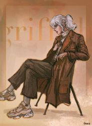 Rule 34 | 1boy, anniechromes, artist name, berserk, brown coat, coat, commentary, crossed legs, english commentary, griffith (berserk), highres, long hair, looking at viewer, male focus, open clothes, open coat, ponytail, sitting, solo, solo focus, turtleneck, white hair