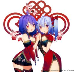 Rule 34 | + +, 2girls, ahoge, artist name, bare shoulders, bili girl 22, bili girl 33, bilibili, blue hair, blush, bow, breasts, cleavage, hair bow, holding hands, long hair, looking at viewer, medium breasts, multiple girls, nail polish, official art, open mouth, parted lips, pixiv id, prophet chu, red bow, red eyes, short hair, side ponytail, smile