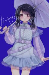 Rule 34 | 1girl, amema ama, belt, black hair, blue background, braid, commentary request, frilled skirt, frills, fukumaru koito, highres, idolmaster, idolmaster shiny colors, long hair, long sleeves, looking at viewer, low twintails, nail polish, pink eyes, purple nails, see-through, see-through sleeves, skirt, solo, swept bangs, twintails, umbrella
