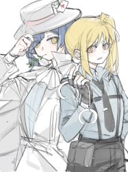 Rule 34 | 2girls, adjusting clothes, adjusting headwear, ahoge, ascot, black gloves, black pants, blonde hair, blue hair, blue shirt, blush, bocchi the rock!, bright pupils, card, chinese commentary, collared shirt, commentary request, cuffs, fedora, fingerless gloves, gloves, hair ornament, hairclip, hand on own hip, handcuffs, hat, highres, holding, holding handcuffs, ijichi nijika, long hair, long sleeves, mole, mole under eye, mouth hold, multiple girls, orange eyes, pants, parted lips, plant, playing card, shirt, short hair, side ponytail, simple background, stalk in mouth, suspenders, v-shaped eyebrows, white ascot, white background, white headwear, white pupils, white shirt, yamada ryo, yanlingjinshilihuahua, yellow eyes