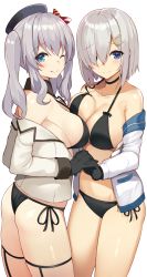 Rule 34 | 10s, 2girls, ;), ;q, bikini, black bikini, black gloves, blue eyes, breast press, breasts, choker, cleavage, gloves, hair ornament, hair over one eye, hairclip, hamakaze (kancolle), hat, holding hands, interlocked fingers, kantai collection, kashima (kancolle), large breasts, looking at viewer, medium hair, multiple girls, off shoulder, one eye closed, side-tie bikini bottom, sidelocks, silver hair, smile, sukebewe, swimsuit, symmetrical docking, tongue, tongue out, twintails