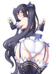 Rule 34 | 1girl, absurdres, ass, bare shoulders, black hair, blush, breasts, bridal gauntlets, cameltoe, dress, from behind, garter straps, hair ribbon, highres, huge ass, large breasts, leaning, leaning forward, long hair, looking at viewer, looking back, neptune (series), noire (neptunia), panties, physisyoon, red eyes, ribbon, shiny skin, skirt, solo, thighhighs, twintails, underwear, very long hair