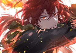 Rule 34 | 1boy, black jacket, crossed bangs, diluc (genshin impact), fire, genshin impact, gloves, hair between eyes, highres, hiiro (coinxtossxdive), jacket, long hair, long sleeves, looking at viewer, male focus, open mouth, ponytail, red eyes, red hair, simple background, solo, twitter username, upper body, white background