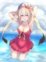 Rule 34 | 1girl, aqua eyes, armpits, arms up, ball, beachball, blonde hair, breasts, cleavage, collarbone, covered navel, fate/grand order, fate (series), long hair, looking at viewer, marie antoinette (fate), marie antoinette (fate/grand order), marie antoinette (swimsuit caster) (fate), marie antoinette (swimsuit caster) (first ascension) (fate), nikuku (kazedesune), one-piece swimsuit, red one-piece swimsuit, smile, solo, swimsuit, thighs, twintails