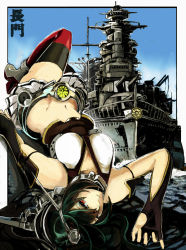 Rule 34 | 10s, 1girl, bare shoulders, black hair, character name, dual persona, gloves, hairband, headgear, historical name connection, kantai collection, long hair, looking at viewer, nagato (battleship), nagato (kancolle), name connection, object namesake, outside border, pleated skirt, red eyes, skirt, solo, syatey