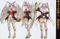 Rule 34 | 1girl, angel, angel wings, animal ears, ass, boots, breasts, brown eyes, character sheet, cleavage, female focus, kyuel, multiple views, panties, purple hair, queen&#039;s blade, queen&#039;s blade grimoire, rabbit ears, rabbit tail, ribbon, scan, shiny skin, tail, thigh boots, thighhighs, thong, underwear, urushihara satoshi, wings