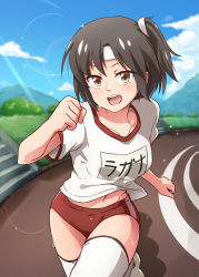 Rule 34 | 10s, 1girl, black hair, blue sky, breasts, brown eyes, buruma, character name, clenched hands, cloud, collarbone, day, gym uniform, headband, kakiha makoto, kantai collection, medium breasts, nagara (kancolle), navel, open mouth, outdoors, running, running track, short hair, short sleeves, side ponytail, sky, solo, sweat, teeth, thighhighs, white thighhighs