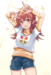 Rule 34 | 1girl, ahoge, arms up, artist name, blush, breasts, cowboy shot, denim, denim shorts, dot nose, double w, hair between eyes, idolmaster, idolmaster shiny colors, jadeqilin, komiya kaho, long hair, long sleeves, looking at viewer, medium breasts, open mouth, print shirt, red eyes, red hair, shirt, short sleeves, shorts, signature, simple background, smile, solo, sparkle, striped clothes, striped shirt, v-shaped eyebrows, w, white background, white shirt, yellow shirt