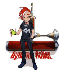 Rule 34 | 1boy, absurdres, bandana, black bandana, black shirt, colored extremities, colored inner hair, commentary request, dynamo roller (splatoon), english text, fangs, fingerless gloves, fingernails, full body, gloves, grey eyes, grin, hand up, heterochromia, highres, horizontal pupils, looking at viewer, male focus, multicolored hair, nintendo, octoling, octoling boy, octoling player character, pointy ears, red hair, sharp fingernails, shirt, short hair, simple background, smile, solo, splatoon (series), standing, t-shirt, tentacle hair, white background, white hair, yellow eyes, zzb azz