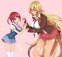 Rule 34 | 2girls, blonde hair, braid, breasts, female focus, fingerless gloves, gloves, hair ornament, holding hands, happy, highres, interlocked fingers, kadenden, large breasts, long hair, looking at viewer, medium breasts, multiple girls, open mouth, pink background, pink hair, purple eyes, shikishima mirei, simple background, skirt, smile, standing, tokonome mamori, twin braids, valkyrie drive, valkyrie drive -mermaid-, very long hair, yellow eyes