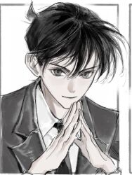 Rule 34 | 1boy, blazer, border, closed mouth, collared shirt, hands up, highres, jacket, kudou shin&#039;ichi, looking at viewer, male focus, meitantei conan, monochrome, necktie, outside border, own hands together, partially colored, portrait, school uniform, shirt, short hair, simple background, sketch, smile, solo, steepled fingers, willowofzion