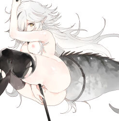 Rule 34 | 1girl, arknights, arm up, bar censor, between legs, black thighhighs, breasts, censored, crocodilian tail, dal-gi, feet out of frame, highres, holding, holding staff, long hair, looking at viewer, medium breasts, nipples, nude, pointy ears, pussy, simple background, solo, staff, tail, tail strap, thighhighs, thighs, tomimi (arknights), torn clothes, torn thighhighs, very long hair, white background, white hair, yellow eyes