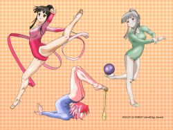 Rule 34 | 3girls, aisaka sayo, ball, black hair, blue leotard, green leotard, gymnastics, highres, konoe konoka, leotard, mahou sensei negima!, multiple girls, ponytail, red leotard, rhythmic gymnastics, ribbon, sasaki makie