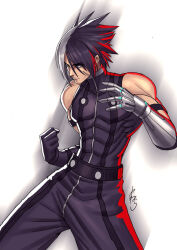 Rule 34 | 1boy, black hair, closed mouth, facial scar, gloves, looking at viewer, male focus, metal gloves, multicolored hair, muscular, muscular male, nameless (kof), scar, scar across eye, scar on cheek, scar on face, snk, solo, split-color hair, the king of fighters, the king of fighters 2002, two-tone hair, white hair, yamahara